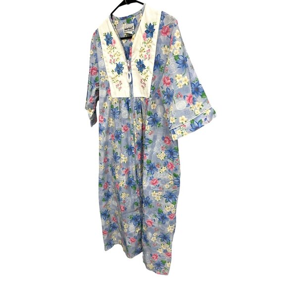 Vtg Anthony Richards Floral Housecoat Embroidered Yoke Pockets Zip Front Size M - Picture 3 of 10